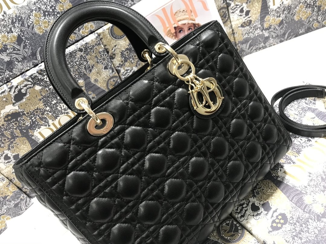 LARGE LADY BAG 32CM BLACK CANNAGE LAMBSKIN