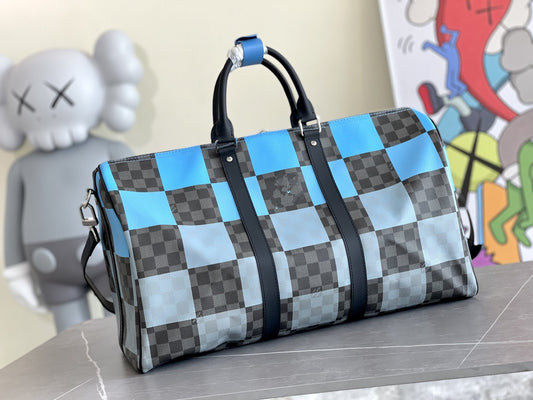 KEEPALL 50 BANDOULIERE BLUE DAMIER GRAPHITE