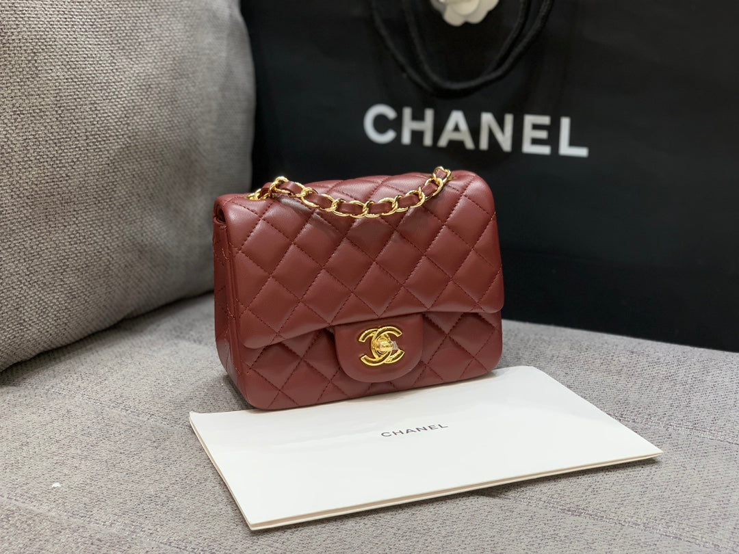 MINI SQUARE FLAP BAG 17CM BURGUNDY LAMBSKIN GOLD HARDWARE