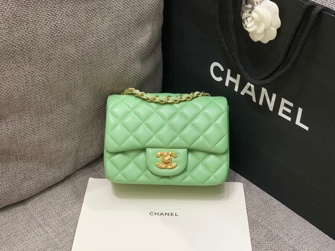 MINI SQUARE FLAP BAG 17CM LIGHT GREEN LAMBSKIN GOLD HARDWARE