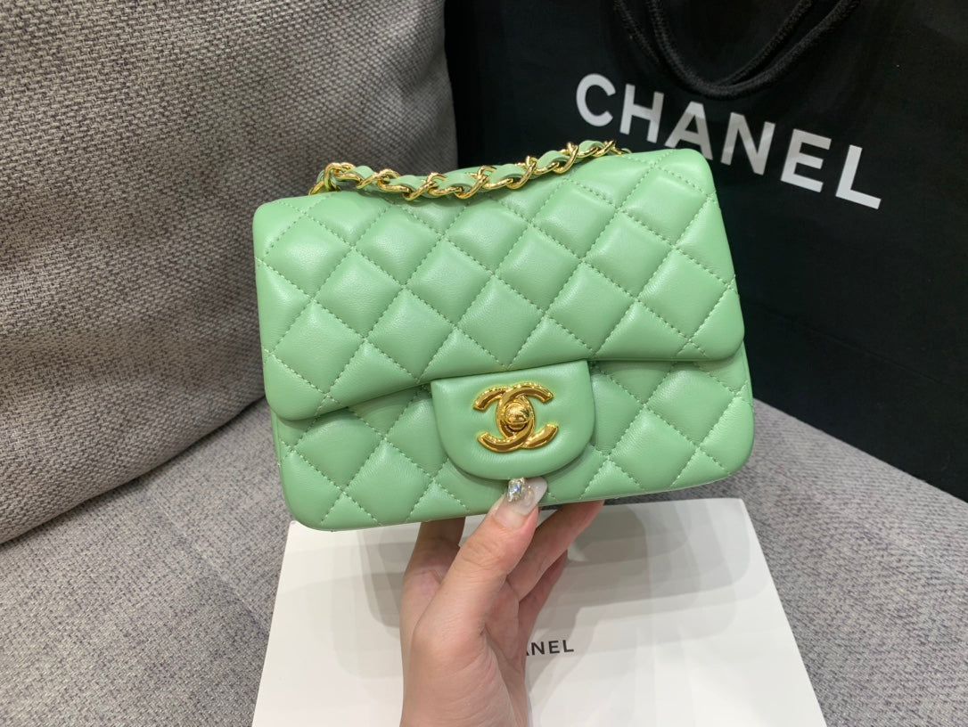 MINI SQUARE FLAP BAG 17CM LIGHT GREEN LAMBSKIN GOLD HARDWARE