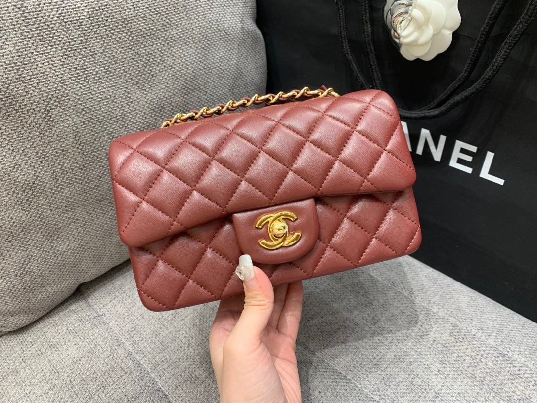 MINI RECTANGLE FLAP BAG 20CM BURGUNDY LAMBSKIN GOLD HARDWARE