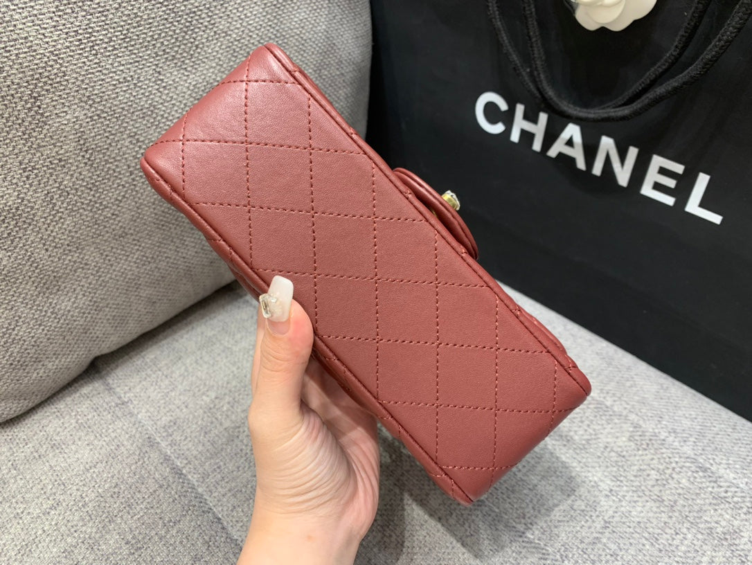 MINI RECTANGLE FLAP BAG 20CM BURGUNDY LAMBSKIN GOLD HARDWARE