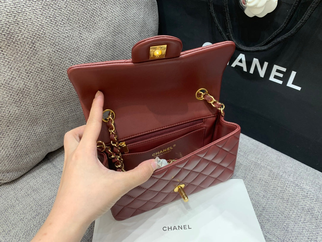 MINI RECTANGLE FLAP BAG 20CM BURGUNDY LAMBSKIN GOLD HARDWARE