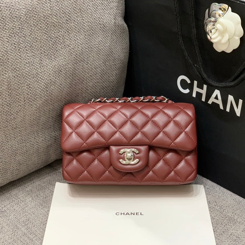 MINI RECTANGLE FLAP BAG 20CM BURGUNDY LAMBSKIN SILVER HARDWARE