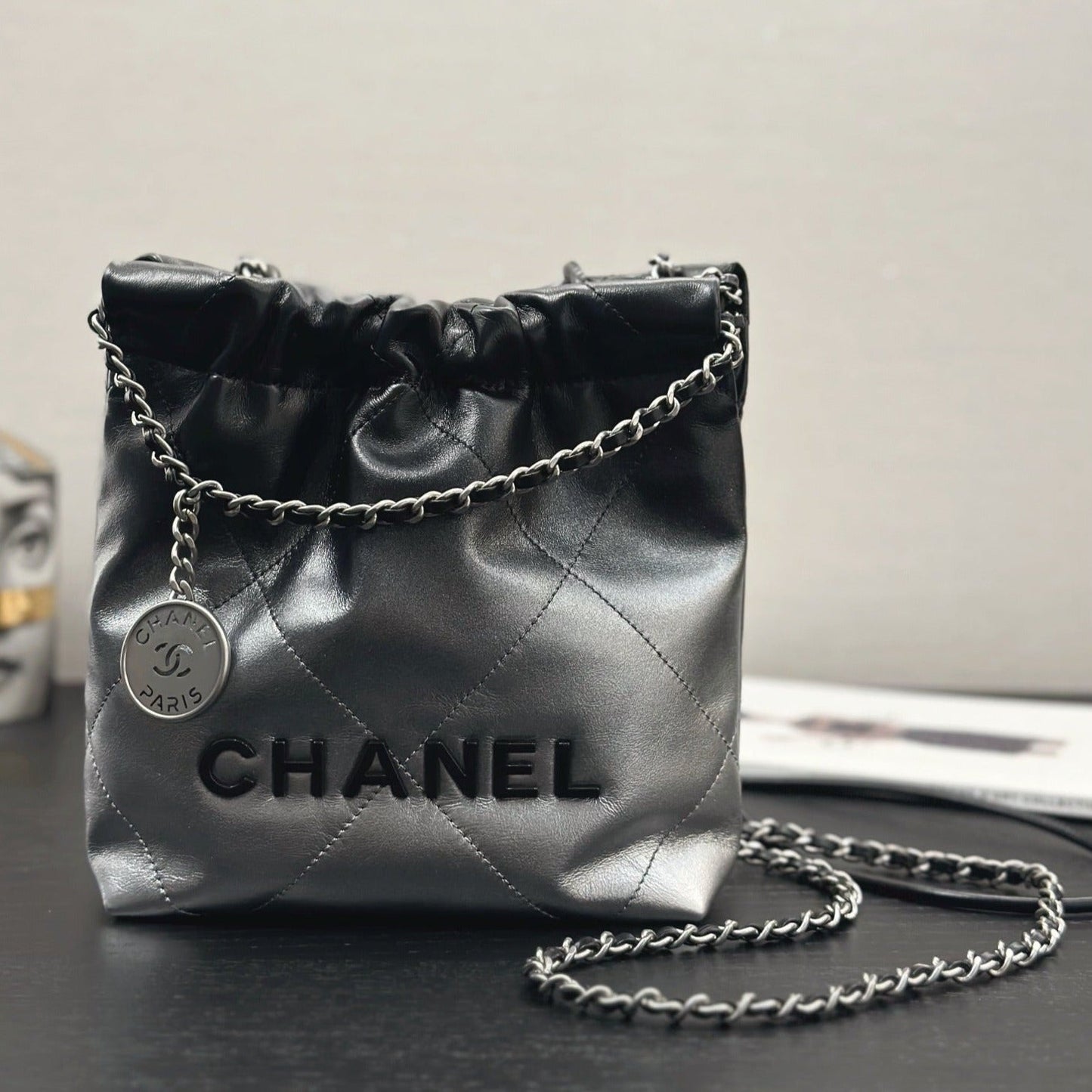 CC HOBO MINI 20CM BLACK GREY LAMBSKIN SILVER HARDWARE