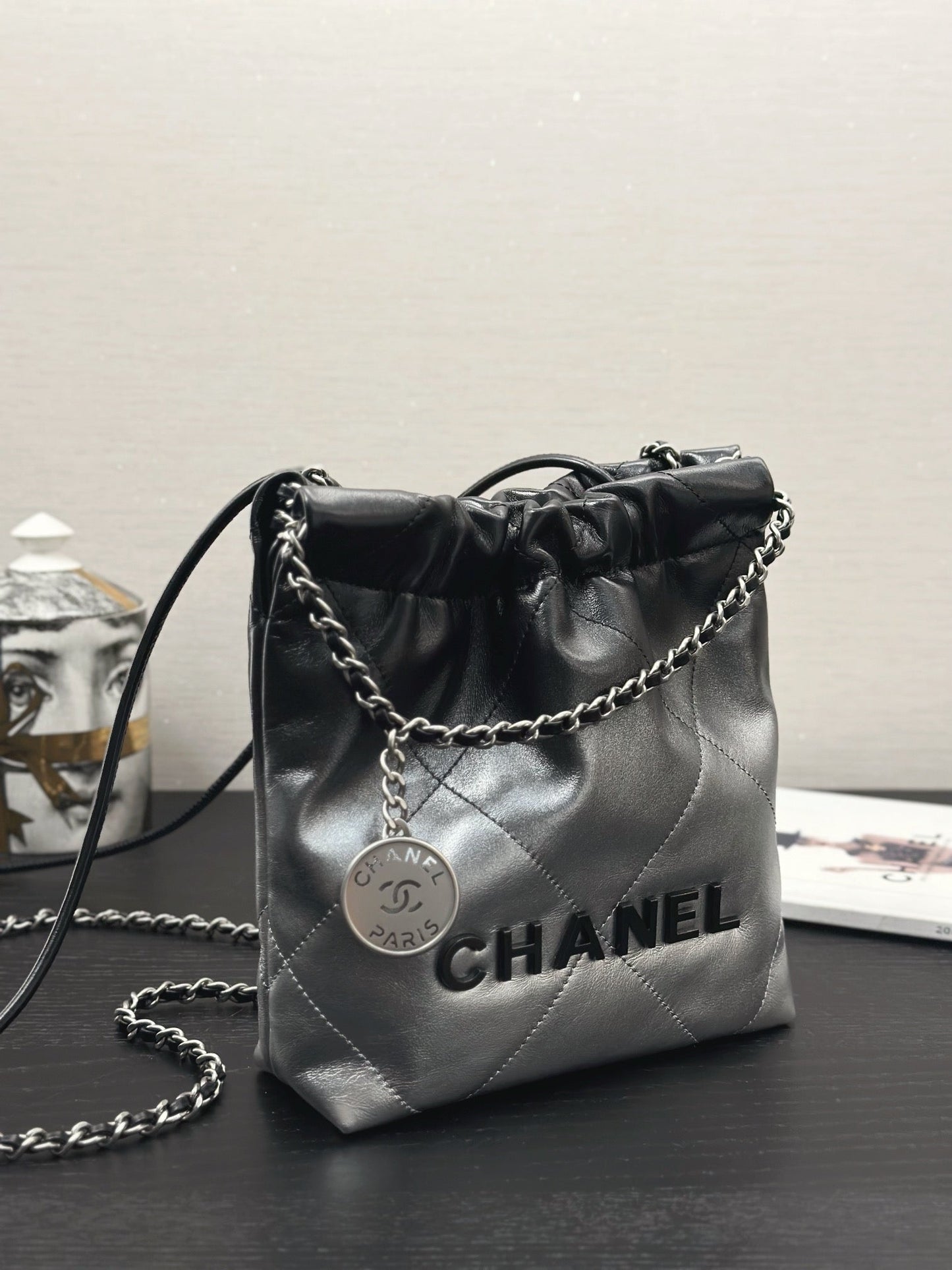 CC HOBO MINI 20CM BLACK GREY LAMBSKIN SILVER HARDWARE