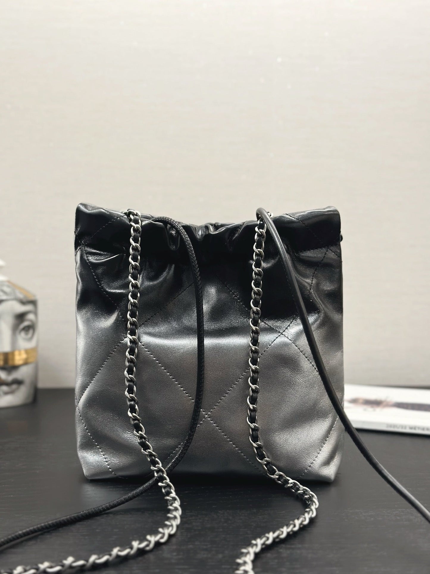 CC HOBO MINI 20CM BLACK GREY LAMBSKIN SILVER HARDWARE