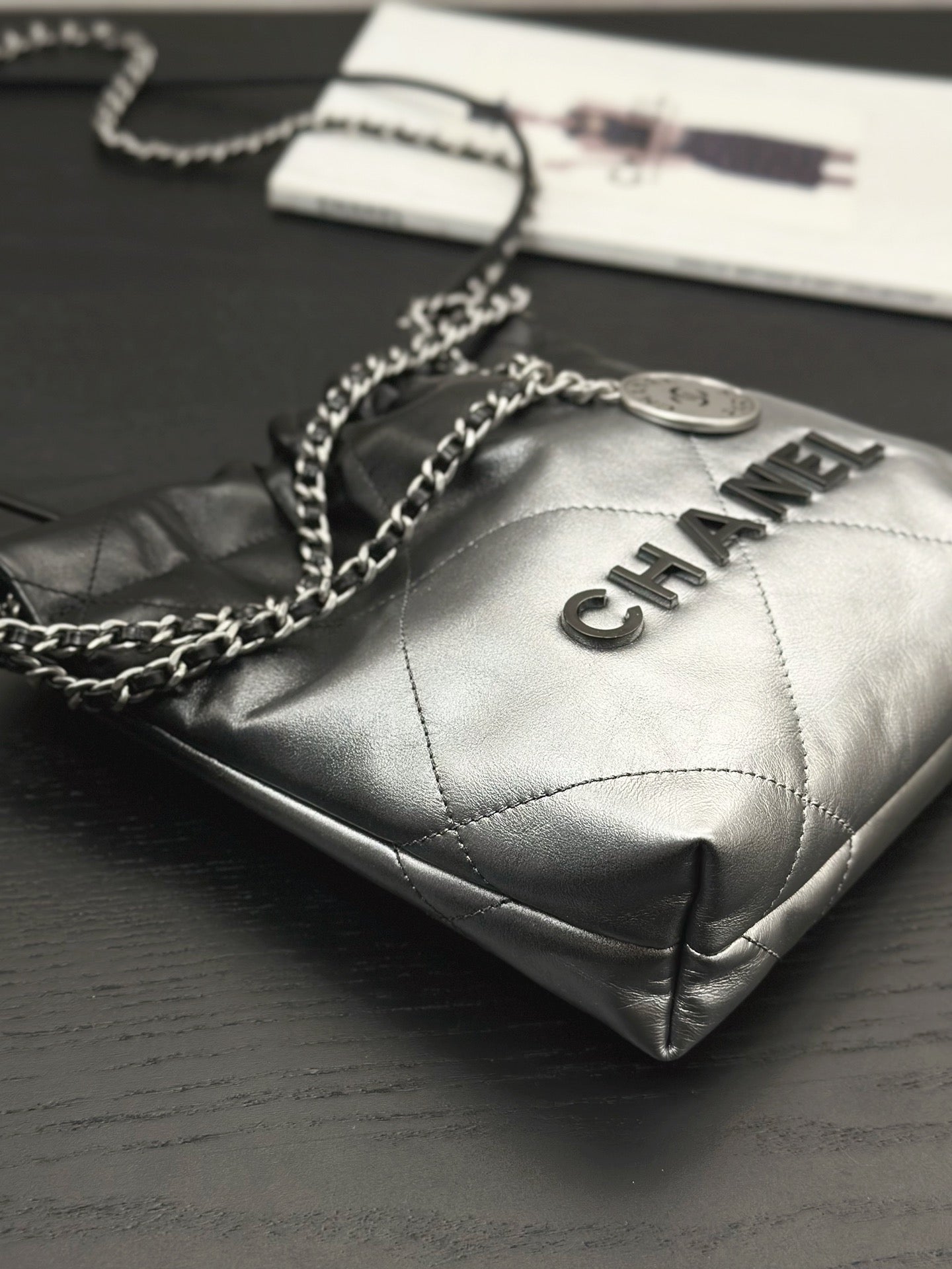 CC HOBO MINI 20CM BLACK GREY LAMBSKIN SILVER HARDWARE