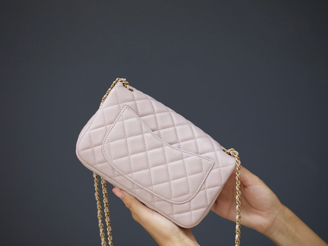 MINI RECTANGLE FLAP BAG 20CM LIGHT PINK LAMBSKIN GOLD HARDWARE