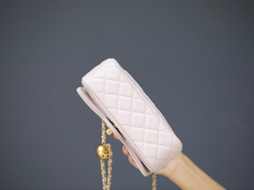 MINI RECTANGLE FLAP BAG 20CM LIGHT PINK LAMBSKIN GOLD HARDWARE