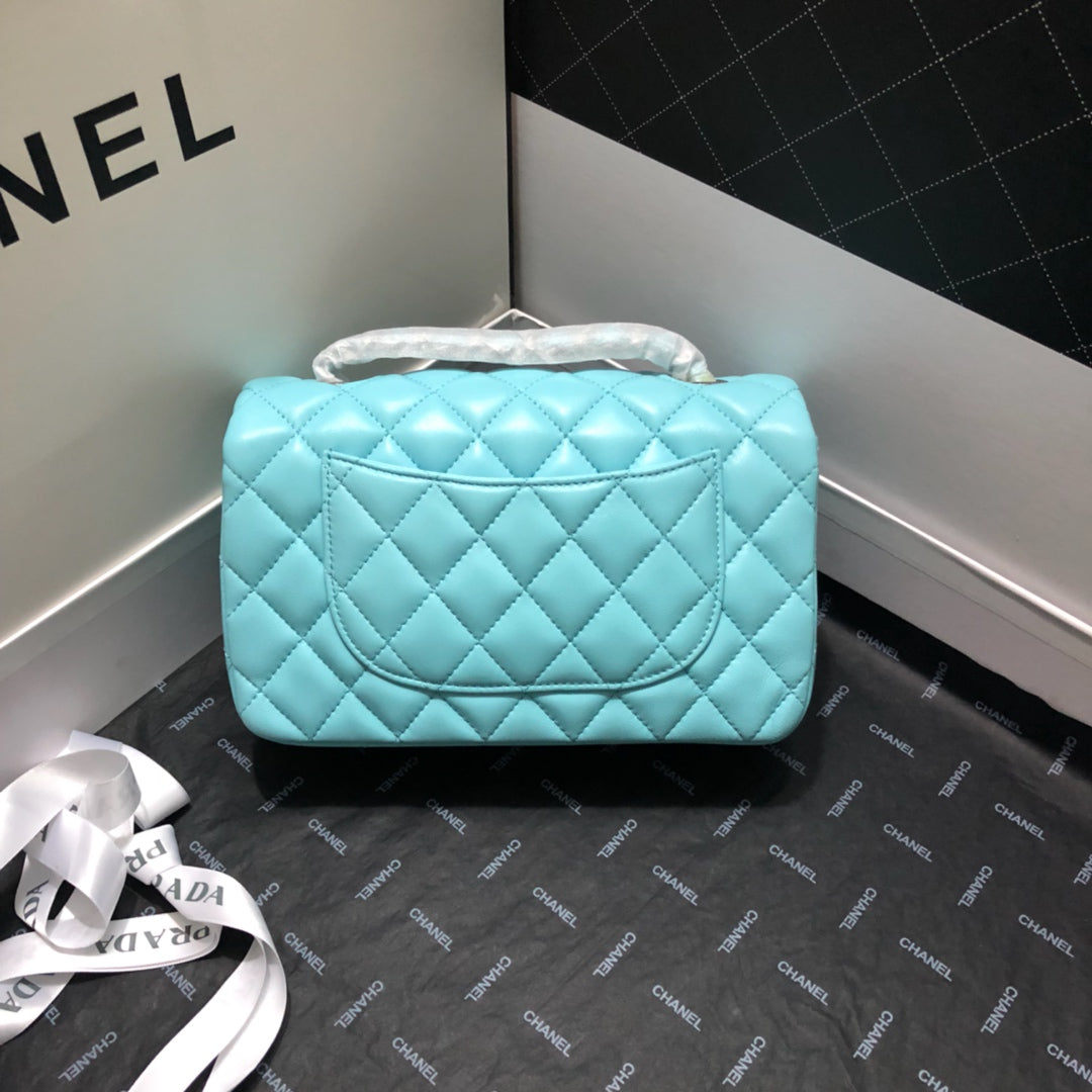 CC 20 CLASSIC SMALL DOUBLE FLAP BAG IN LIGHT BLUE CALFSKIN