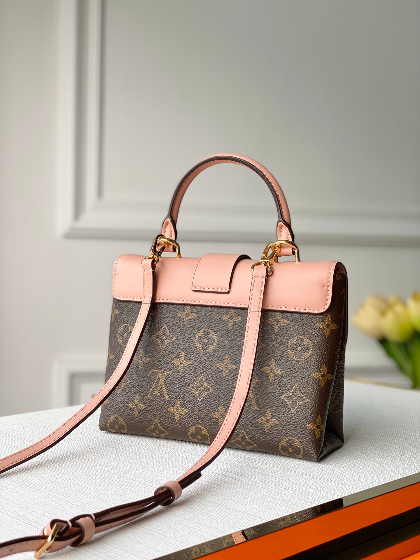 LOCKY BB 21 IN BROWN MONOGRAM CANVAS AND PEACH CALFSKIN GOLD BUCKLE