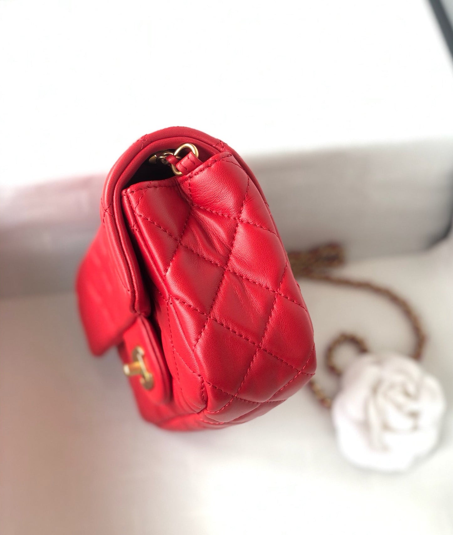 MINI RECTANGLE CLASSIC FLAP BAG 20CM RED LAMBSKIN GOLD HARDWARE