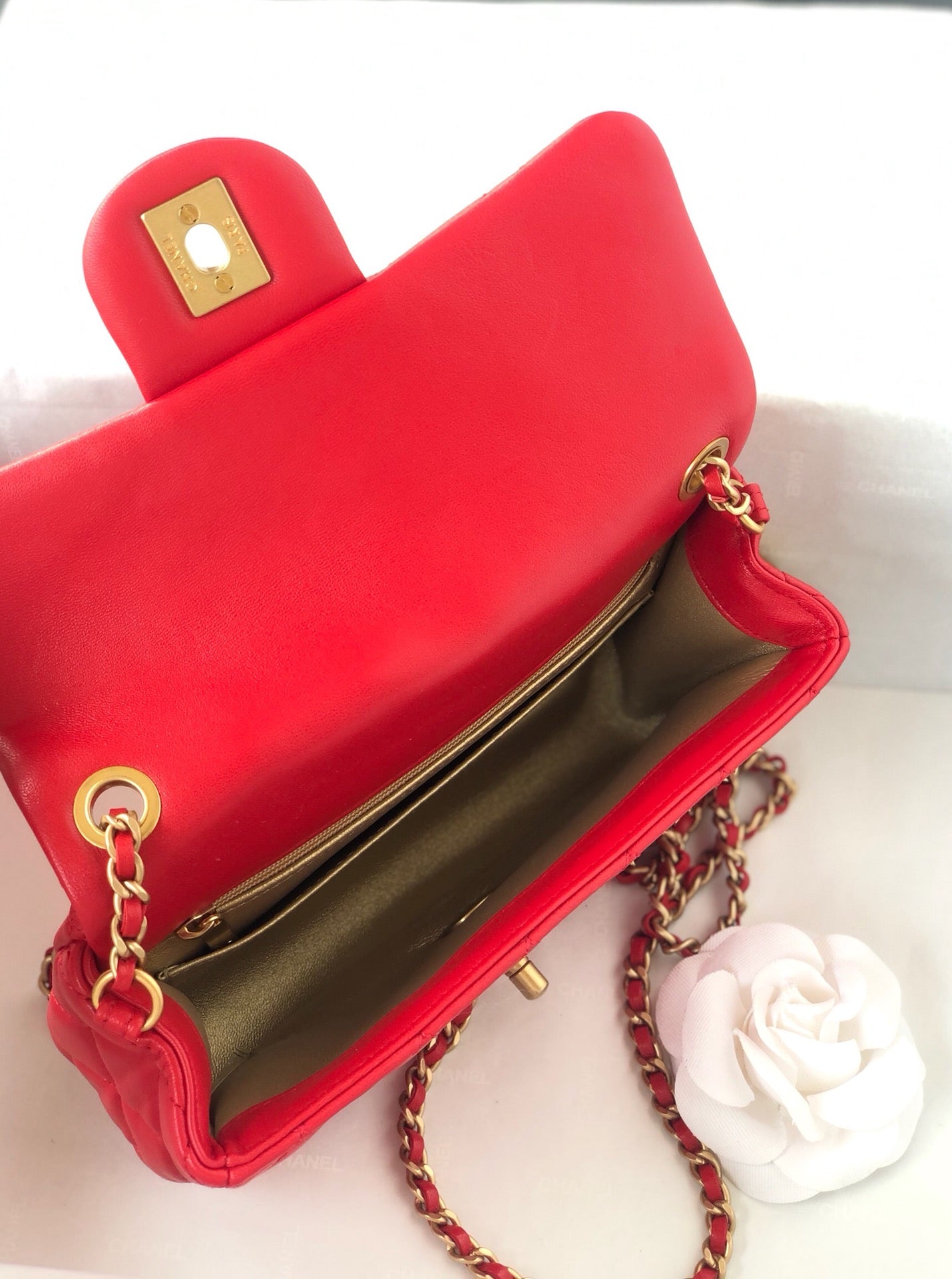 MINI RECTANGLE CLASSIC FLAP BAG 20CM RED LAMBSKIN GOLD HARDWARE