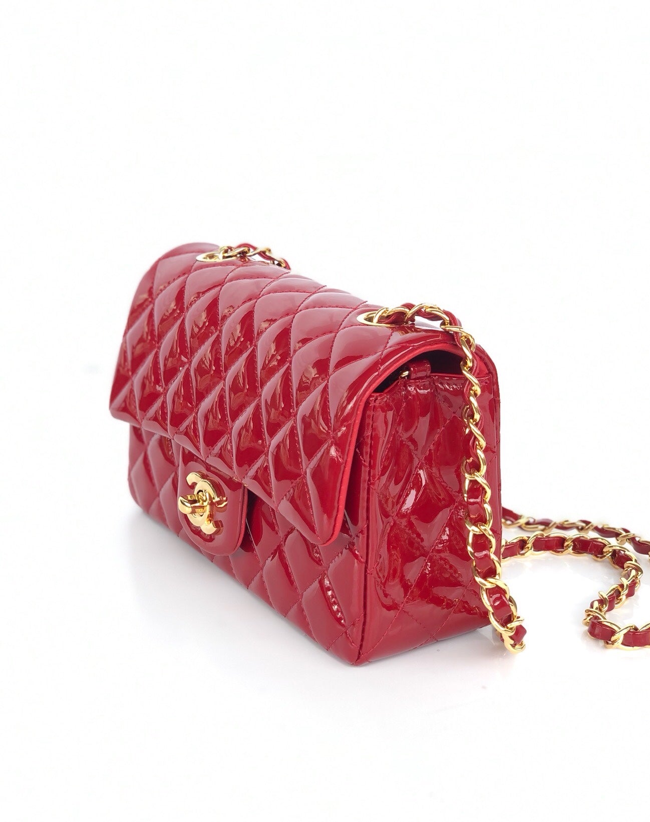 MINI RECTANGLE FLAP BAG 20CM RED PATENT CALFSKIN GOLD HARDWARE