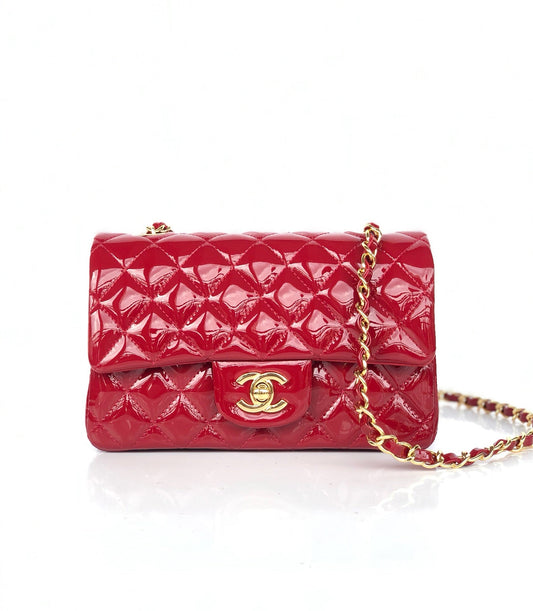 MINI RECTANGLE FLAP BAG 20CM RED PATENT CALFSKIN GOLD HARDWARE