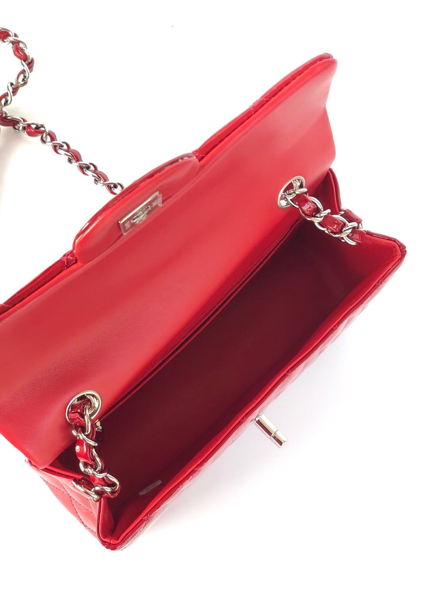 MINI RECTANGLE FLAP BAG 20CM RED PATENT CALFSKIN SILVER HARDWARE