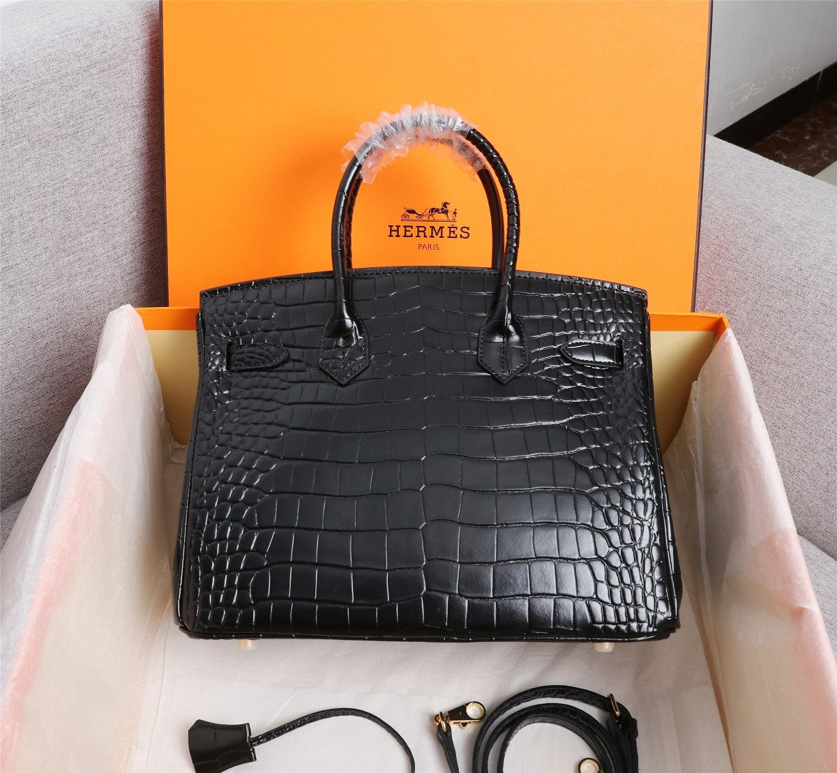 HM BIRKIN BAG 30 ALLIGATOR MOTIF BLACK CALFSKIN