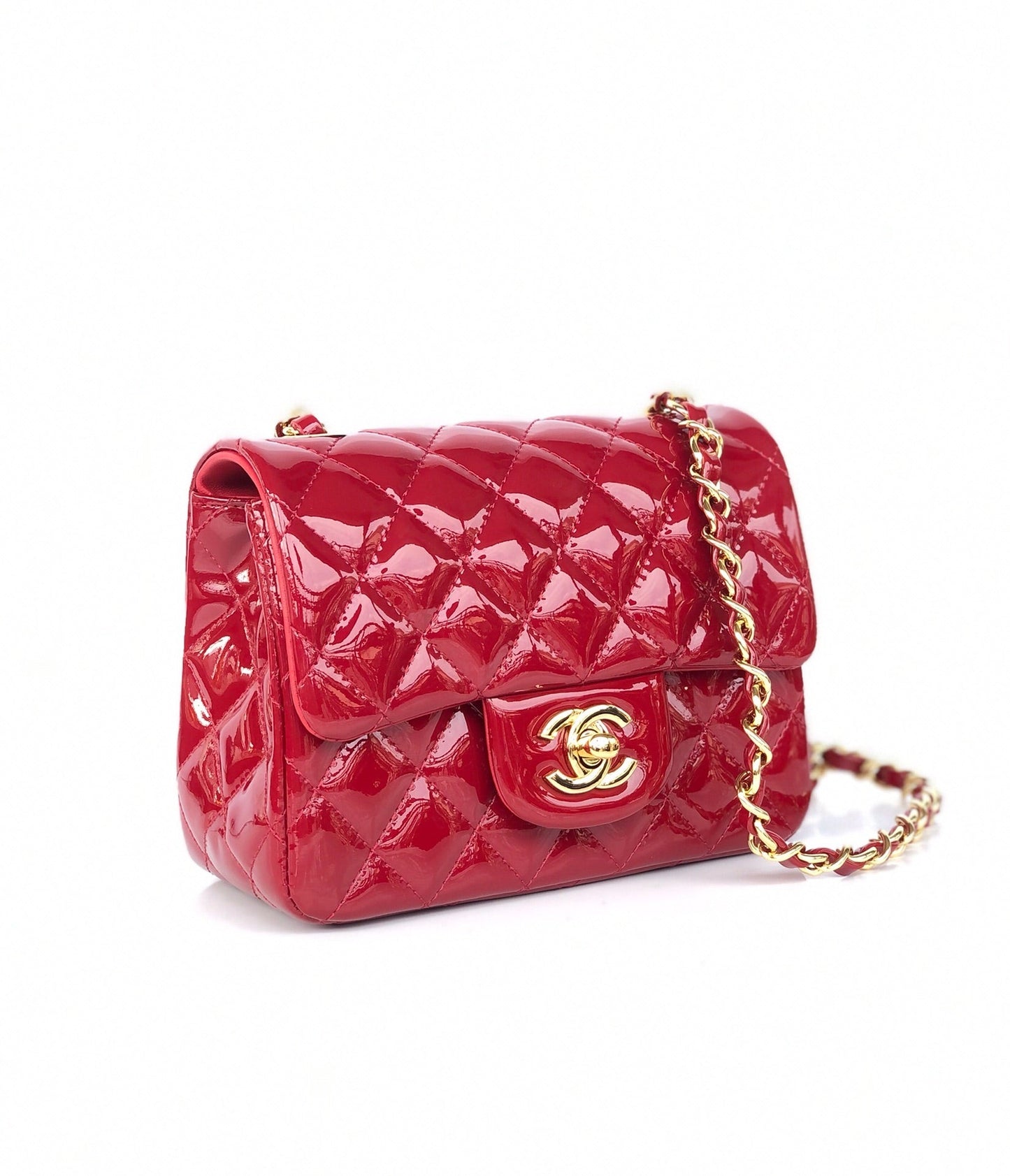 MINI SQUARE FLAP BAG 17CM RED PATENT CALFSKIN GOLD HARDWARE