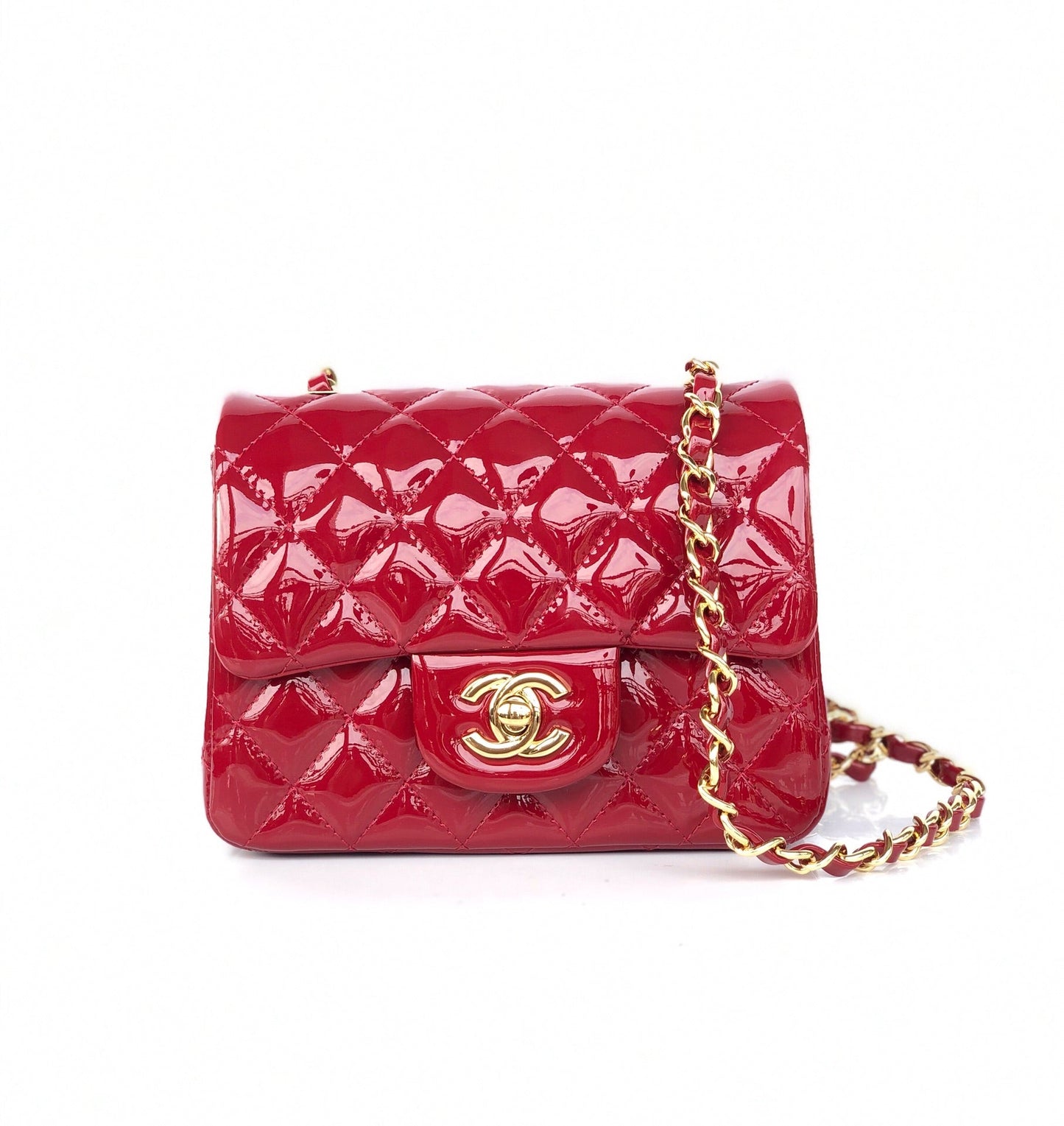 MINI SQUARE FLAP BAG 17CM RED PATENT CALFSKIN GOLD HARDWARE