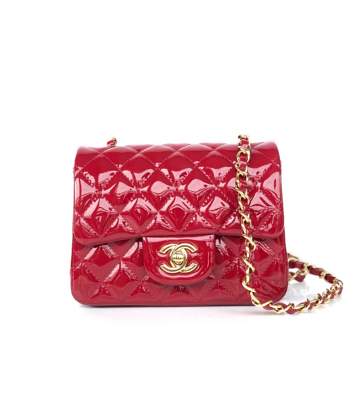 MINI SQUARE FLAP BAG 17CM RED PATENT CALFSKIN GOLD HARDWARE