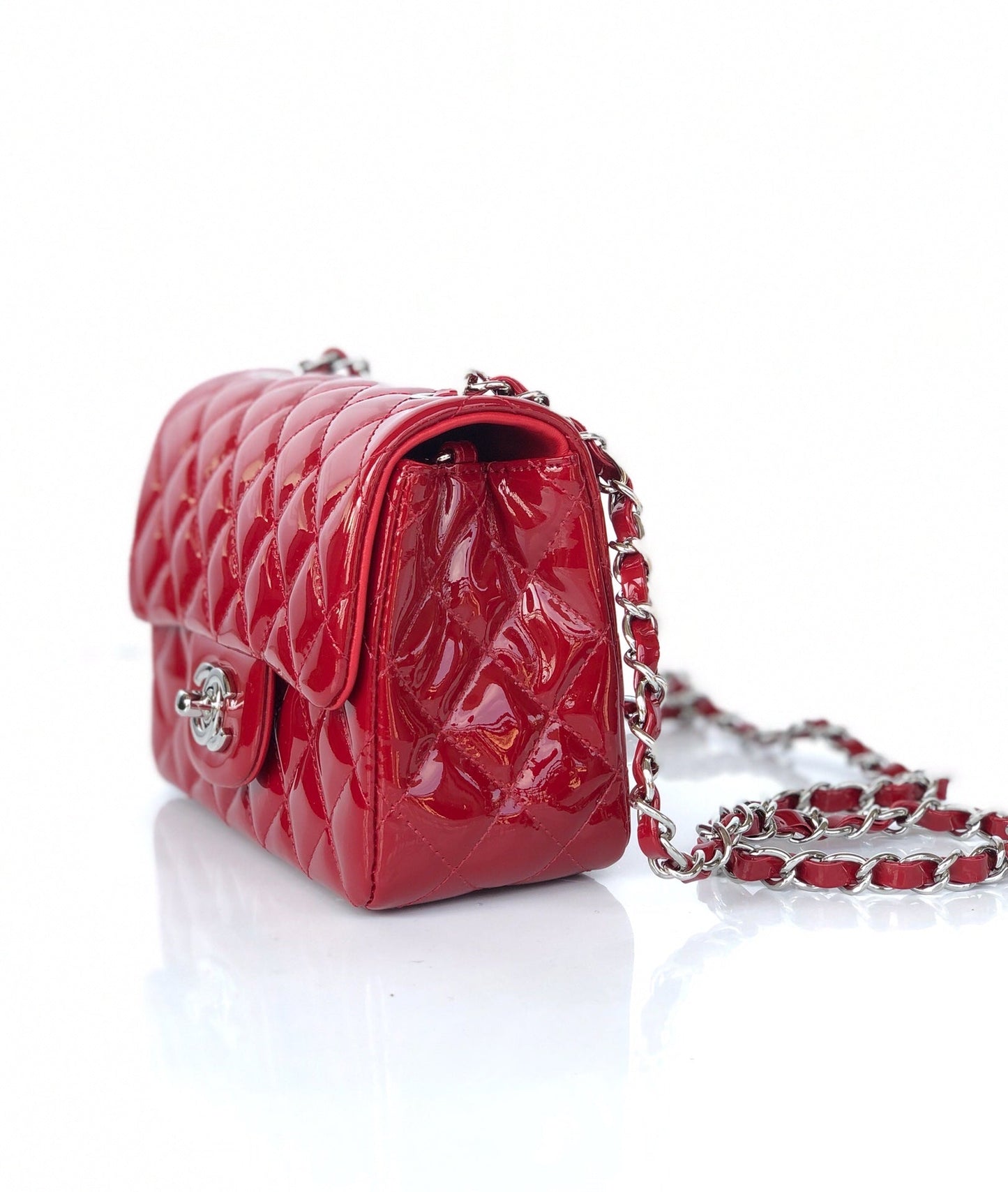 MINI SQUARE FLAP BAG 17CM RED PATENT CALFSKIN SILVER HARDWARE