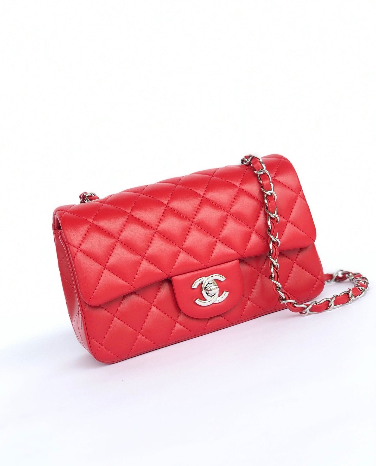 MINI RECTANGLE FLAP BAG 20CM RED LAMBSKIN SILVER HARDWARE