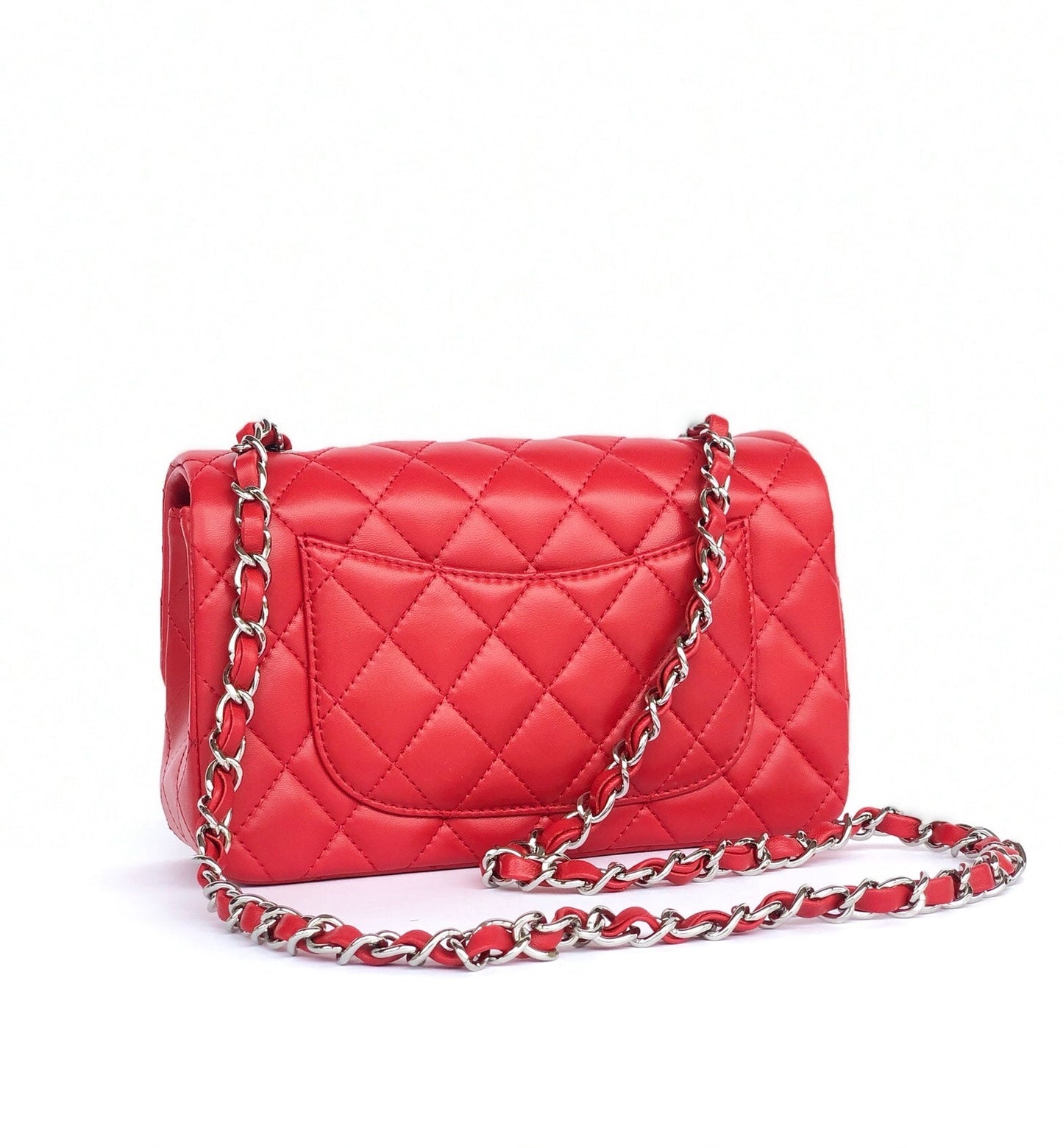 MINI RECTANGLE FLAP BAG 20CM RED LAMBSKIN SILVER HARDWARE