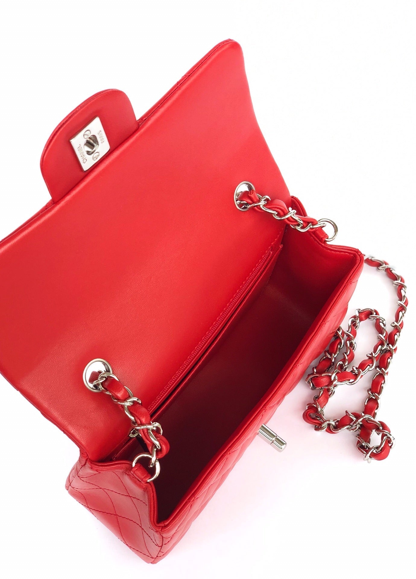 MINI RECTANGLE FLAP BAG 20CM RED LAMBSKIN SILVER HARDWARE