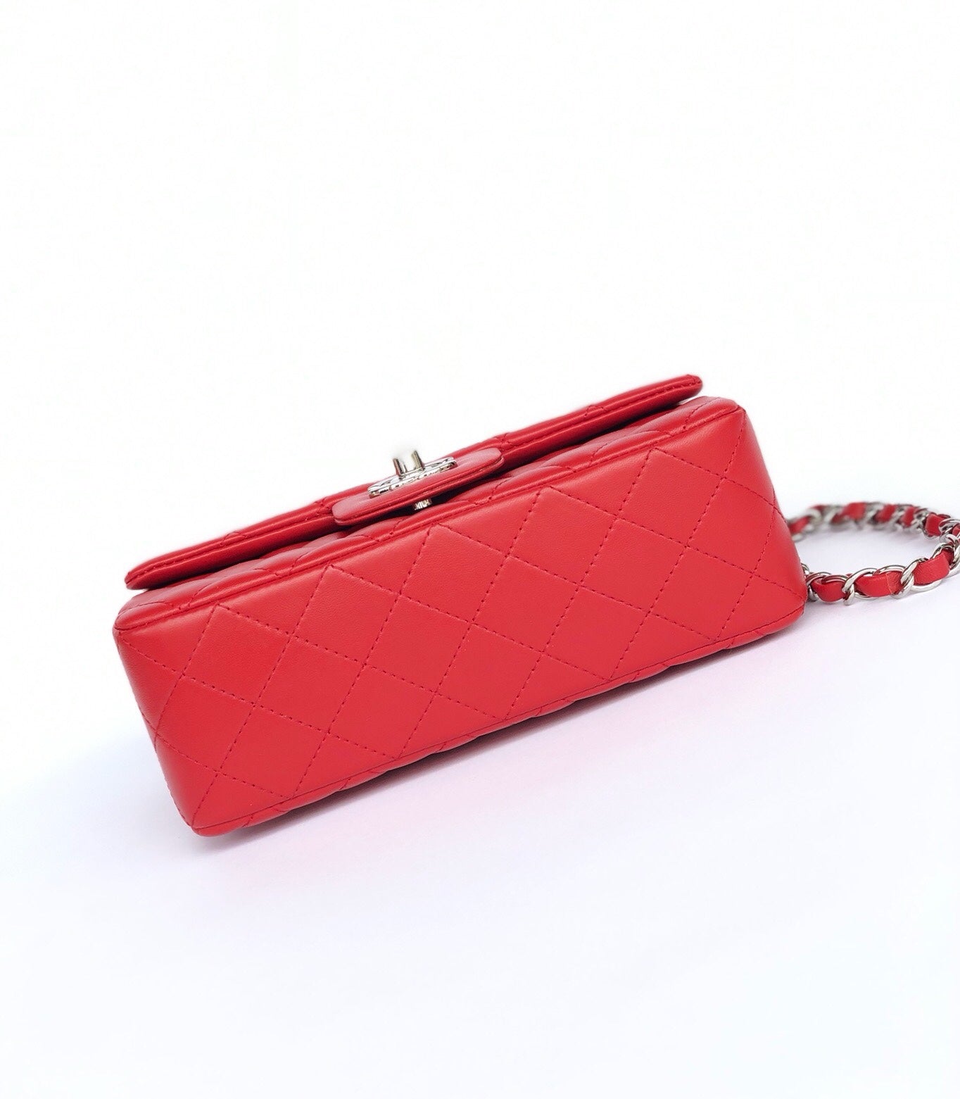 MINI RECTANGLE FLAP BAG 20CM RED LAMBSKIN SILVER HARDWARE