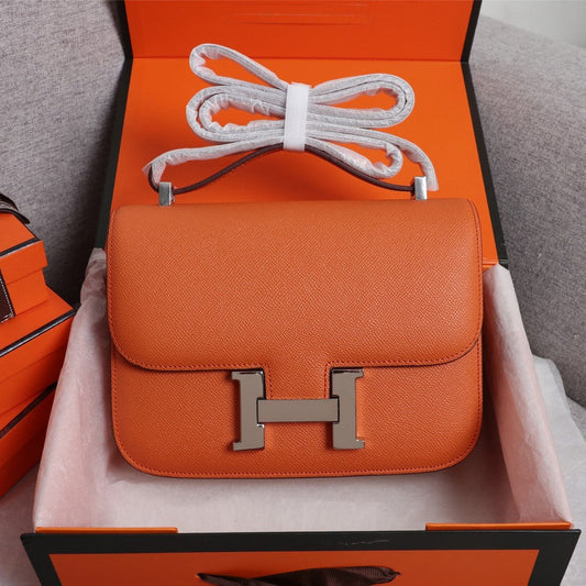 HM CONSTANCE BAGS 22 ORANGE LAMBSKIN SILVER BUCKLE