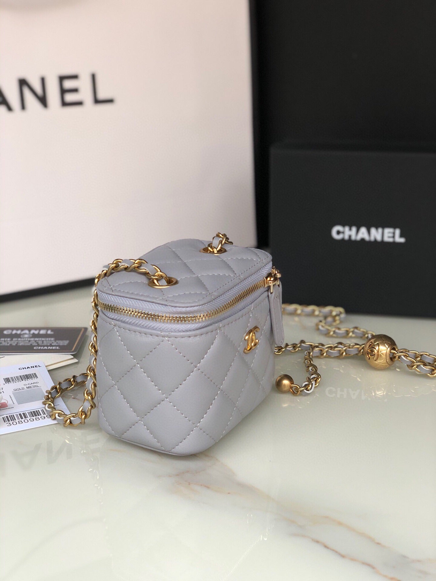 CC MINI 11 VANITY CHAIN IN LIGHT GREY CALFSKIN GOLD HARDWARE