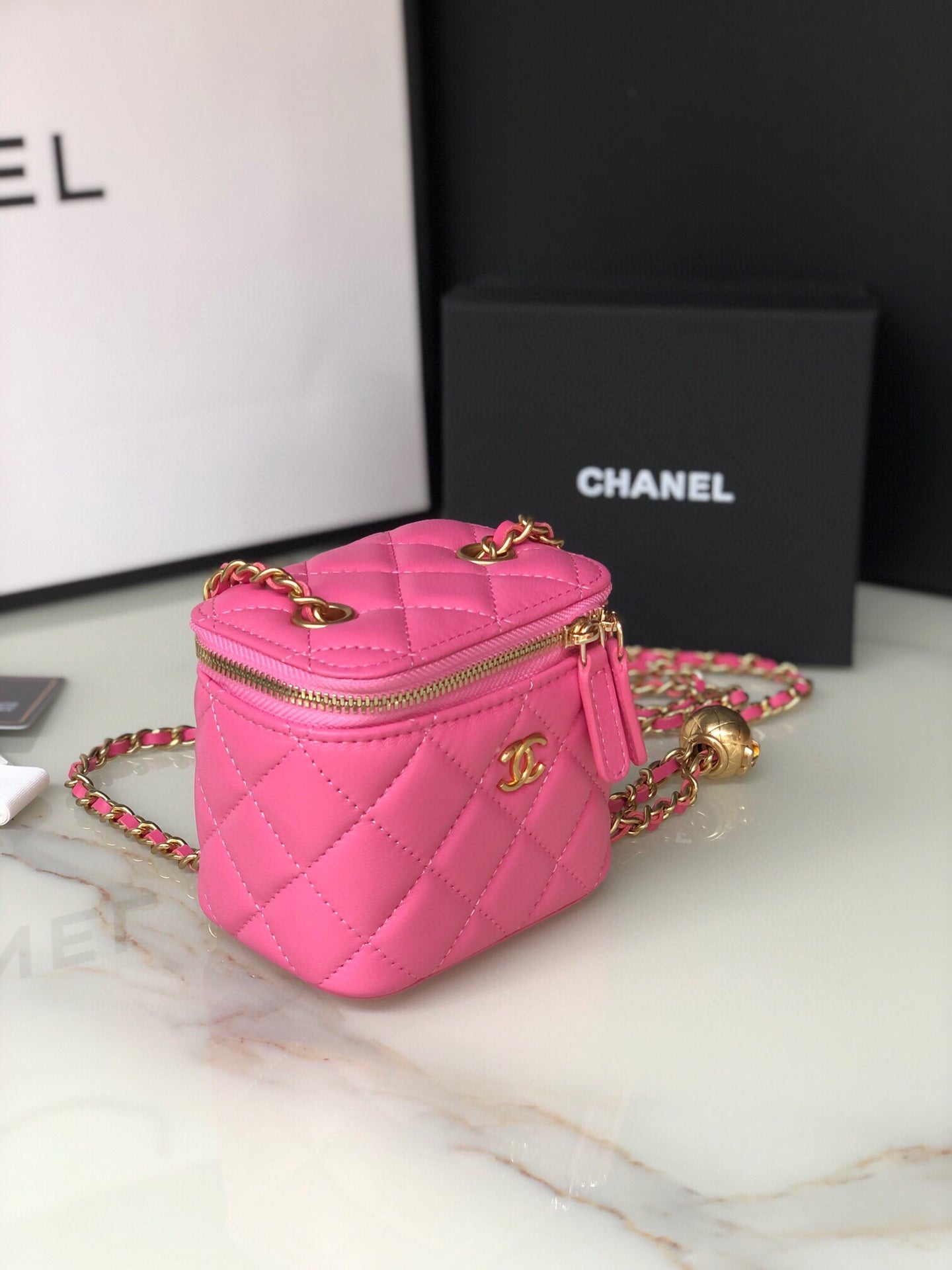 CC MINI 11 VANITY CHAIN IN BRIGHT PINK CALFSKIN GOLD HARDWARE