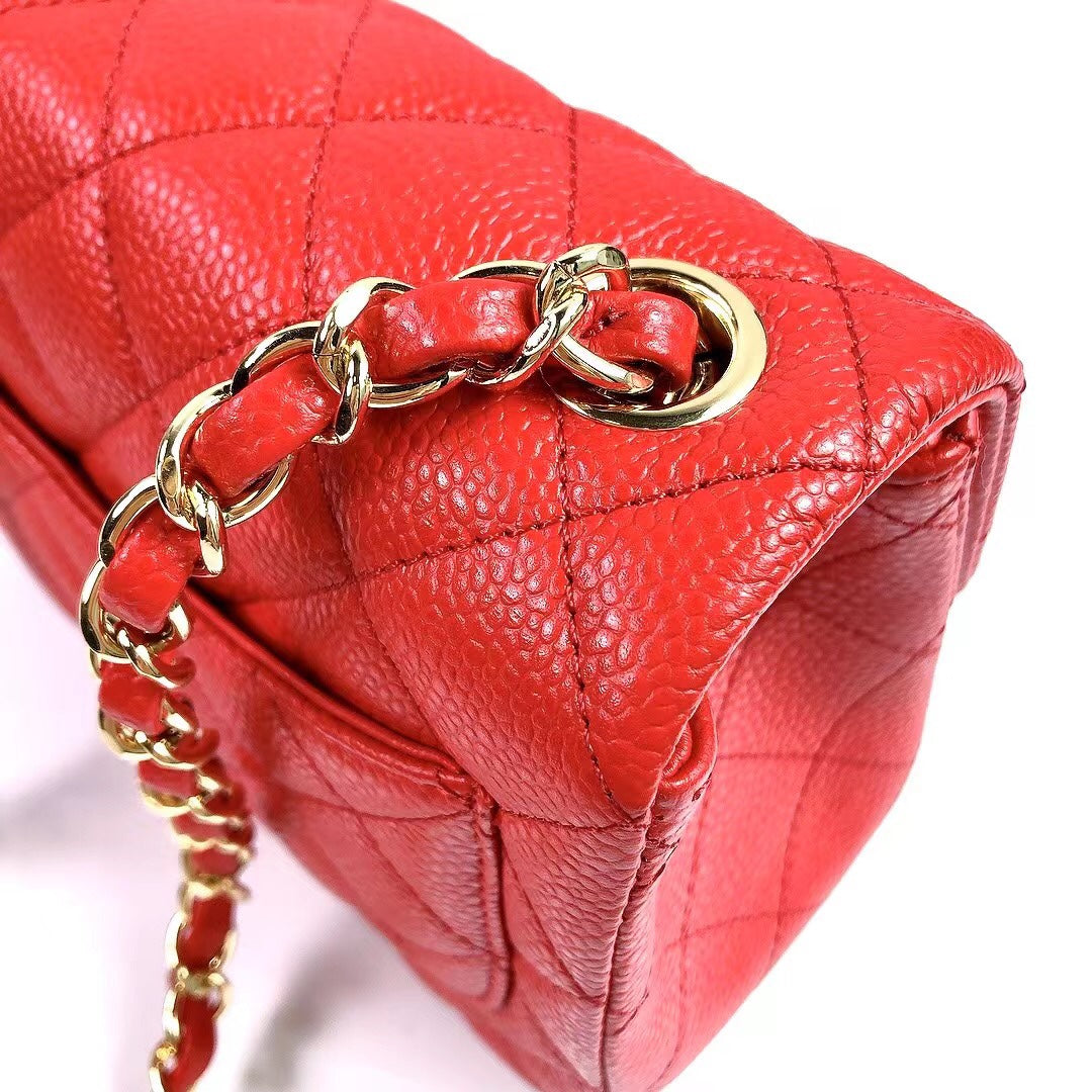 MINI SQUARE FLAP BAG 17CM RED CAVIAR GOLD HARDWARE