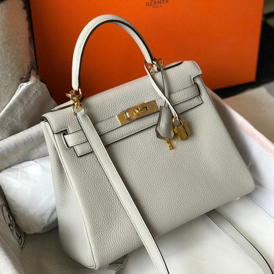 HM KELLY 32CM BAG IN WHITE CALFSKIN GOLD HARDWARE