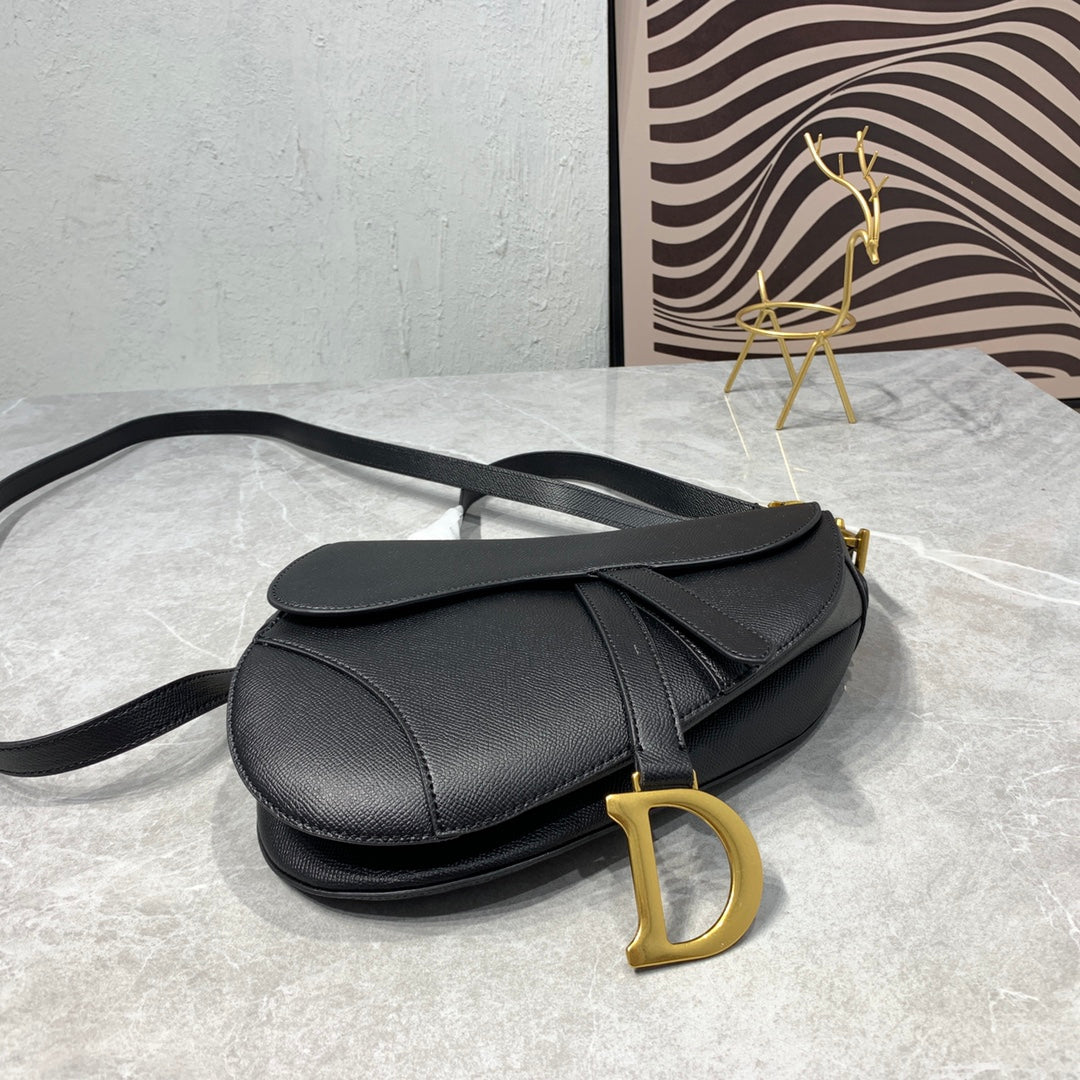 CD Saddle Bag Strap Warm Taupe Grained Black Calfskin