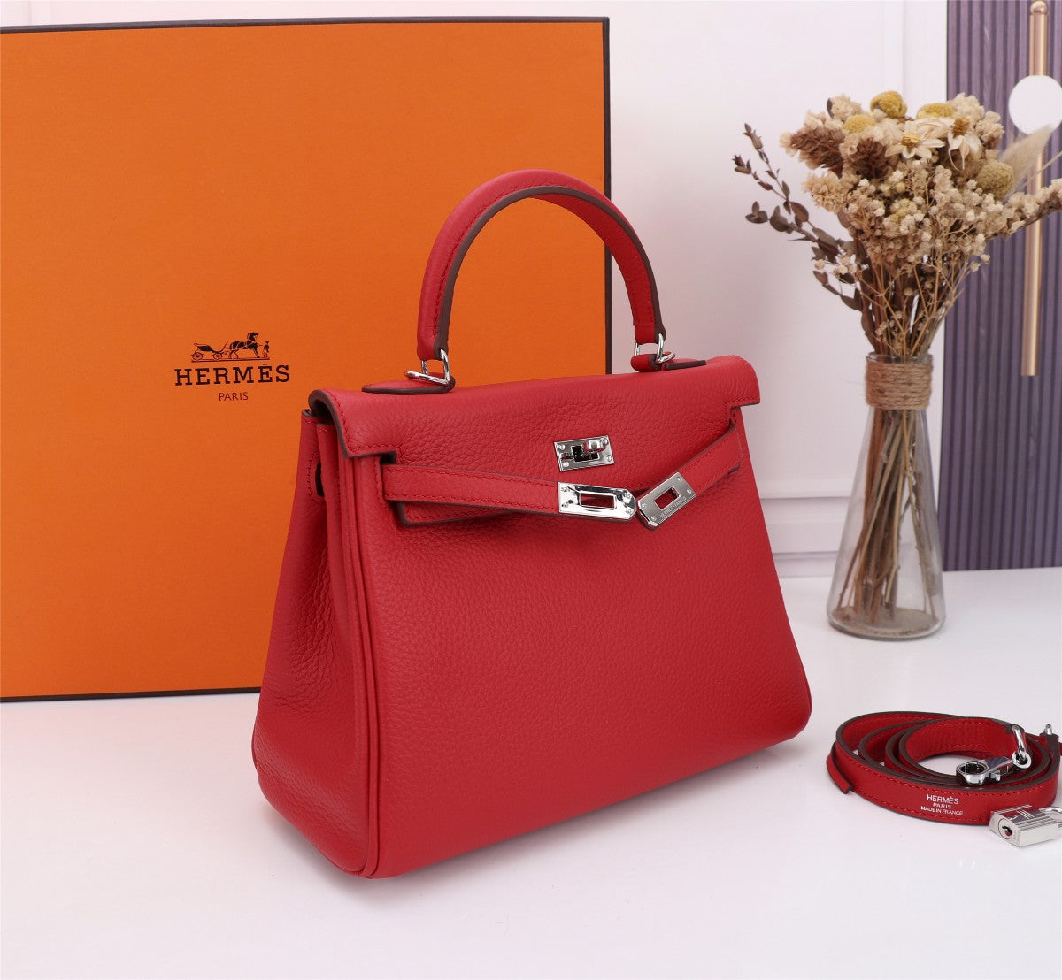 HM KELLY BAG 28 RED CALFSKIN SILVER HARDWARE