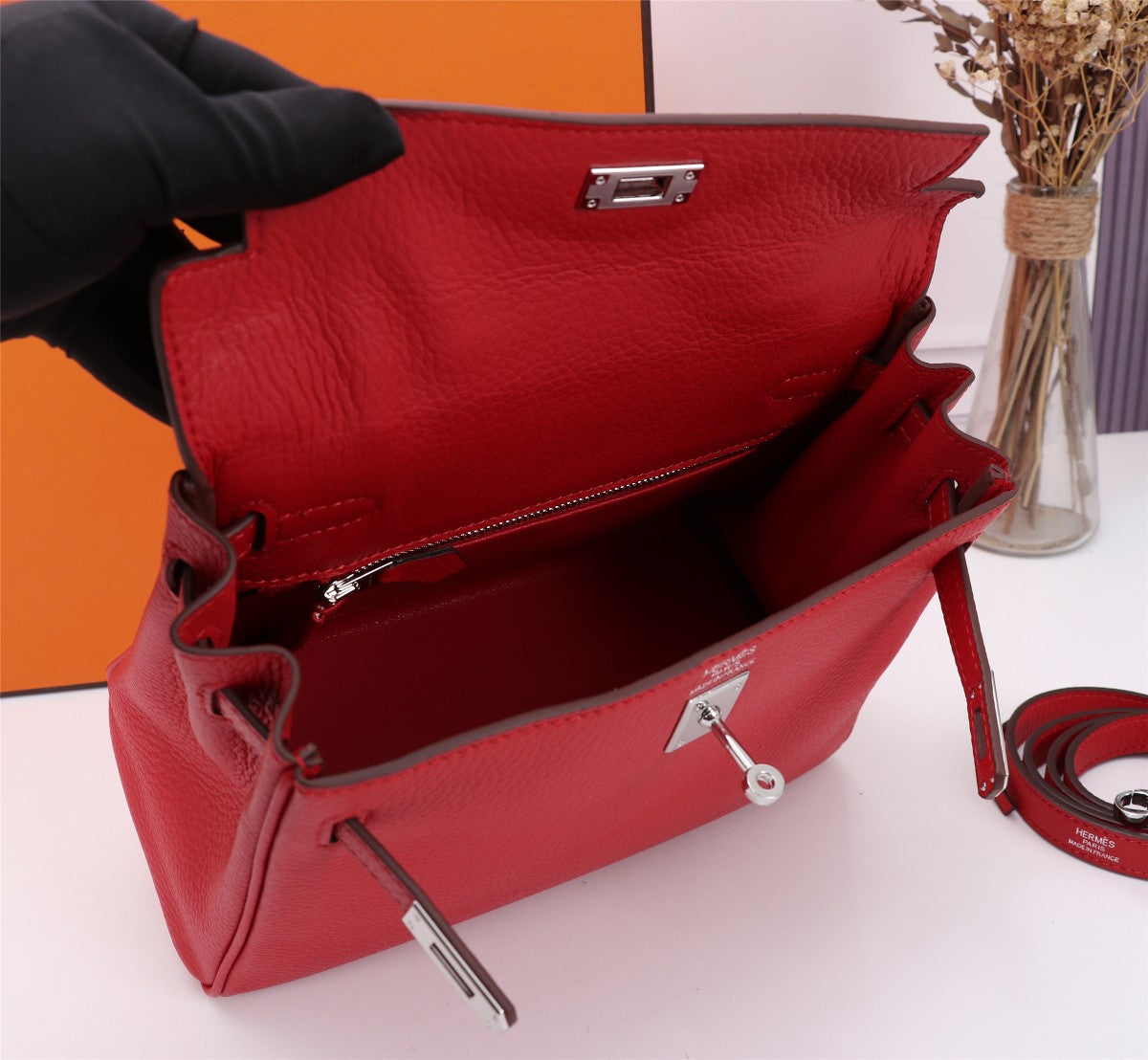 HM KELLY BAG 28 RED CALFSKIN SILVER HARDWARE