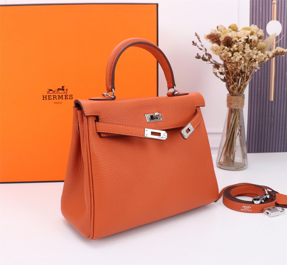 HM KELLY BAG 28 ORANGE CALFSKIN SILVER HARDWARE