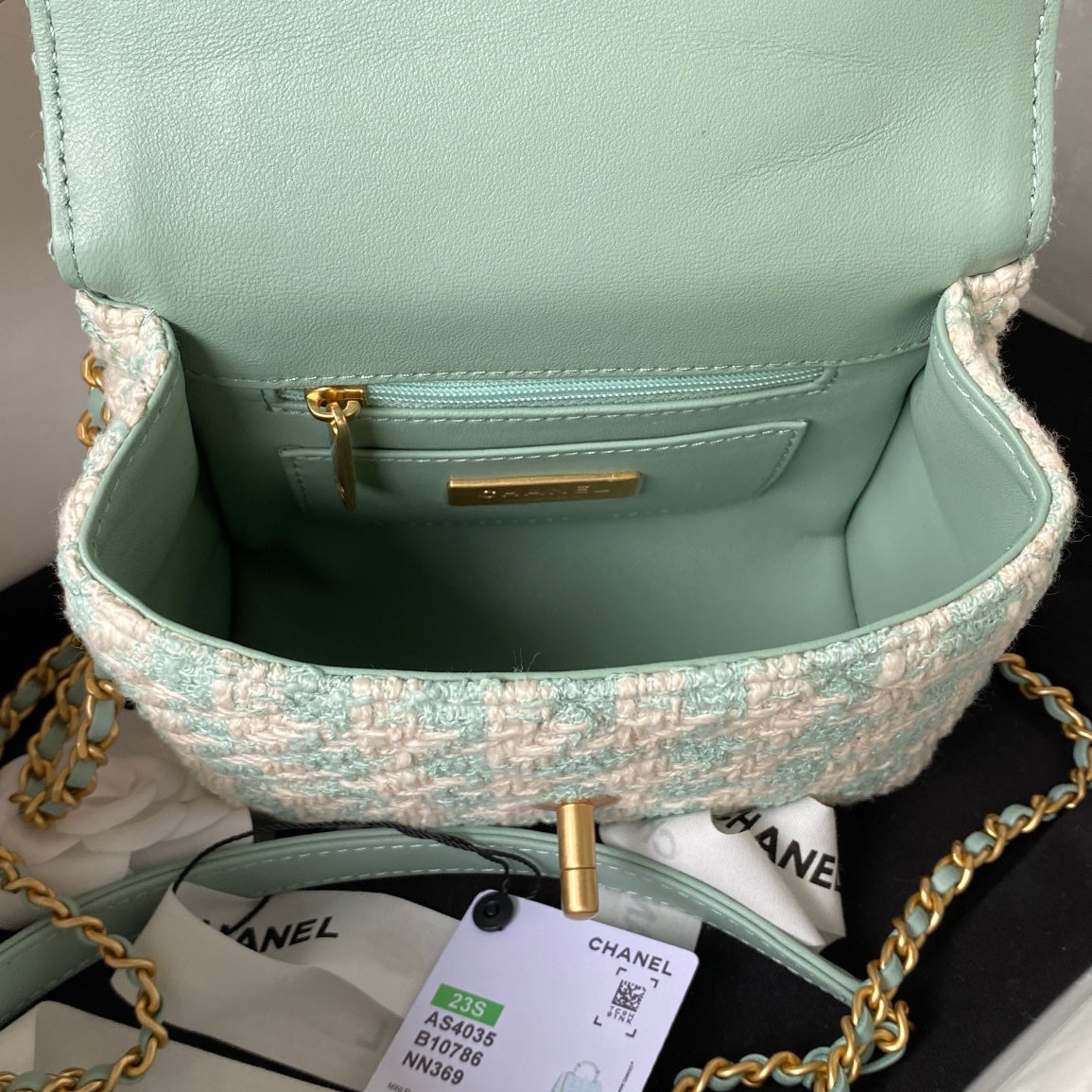 CC MINI 15 BAG IN GREEN MINT MIX WHITE WOOL TWEED