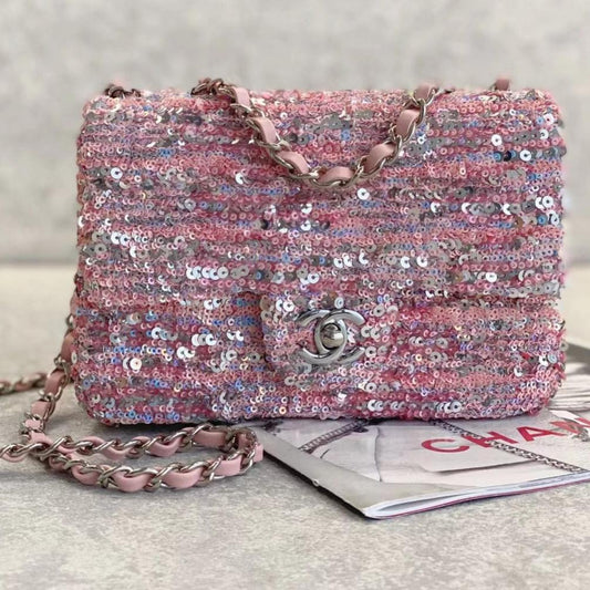 CC MINI 20 FLAP BAG IN LIGHT PINK SEQUINS WITH STRAP