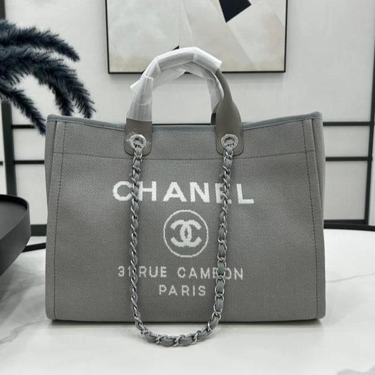 CC DEAUVILLE LARGE 38 TOTE BAG IN GREY CANVAS WITH WHITE LOGO