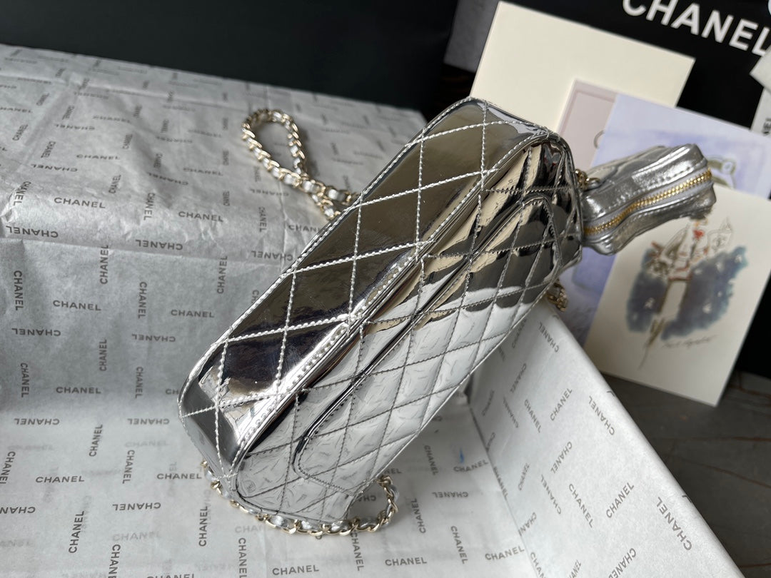 CC MINI 19 FLAP BAG IN SILVER METALLIC CALFSKIN