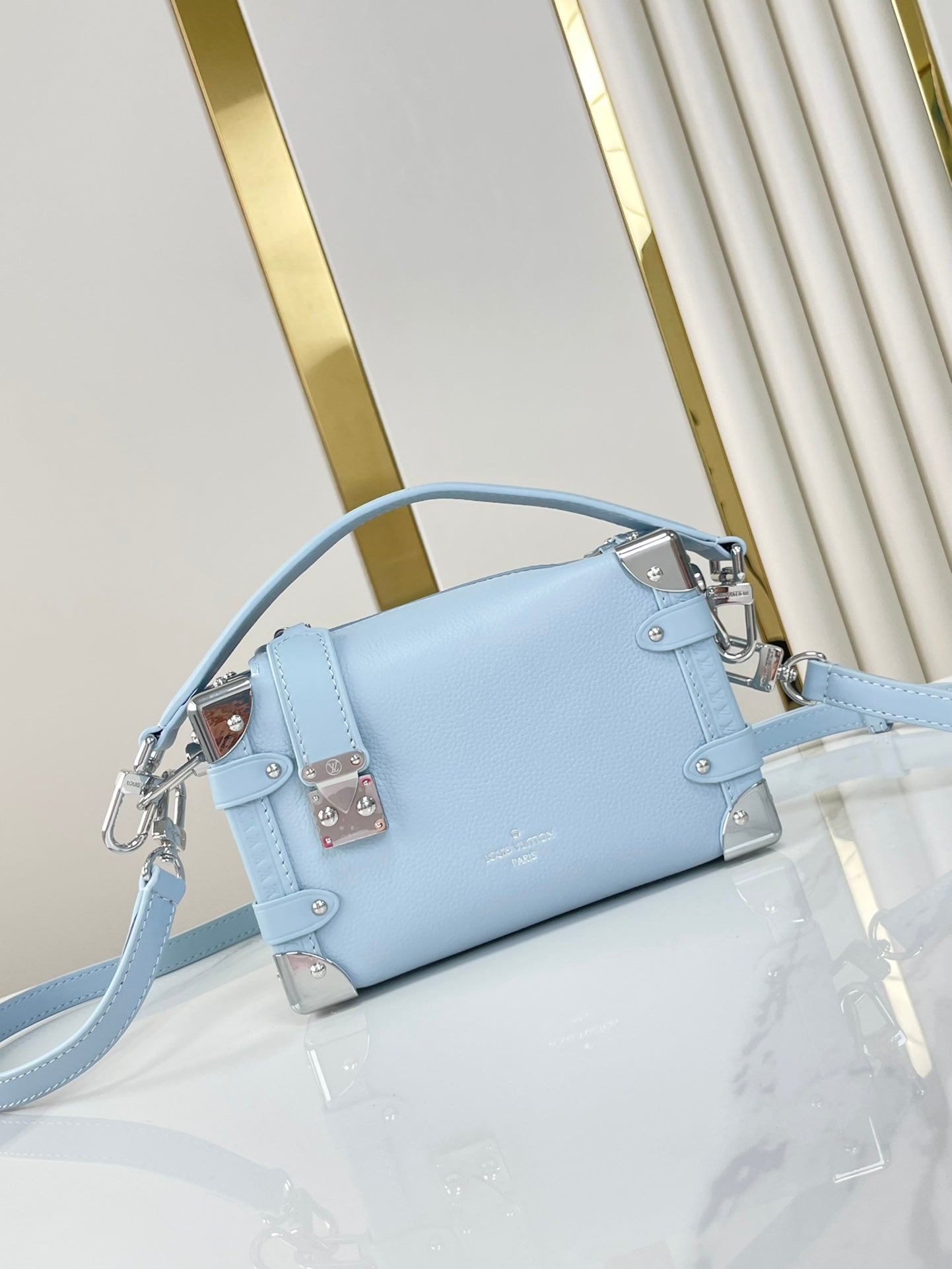 SIDE TRUNK MINI 18 IN SKY BLUE CALFSKIN SILVER HARDWARE