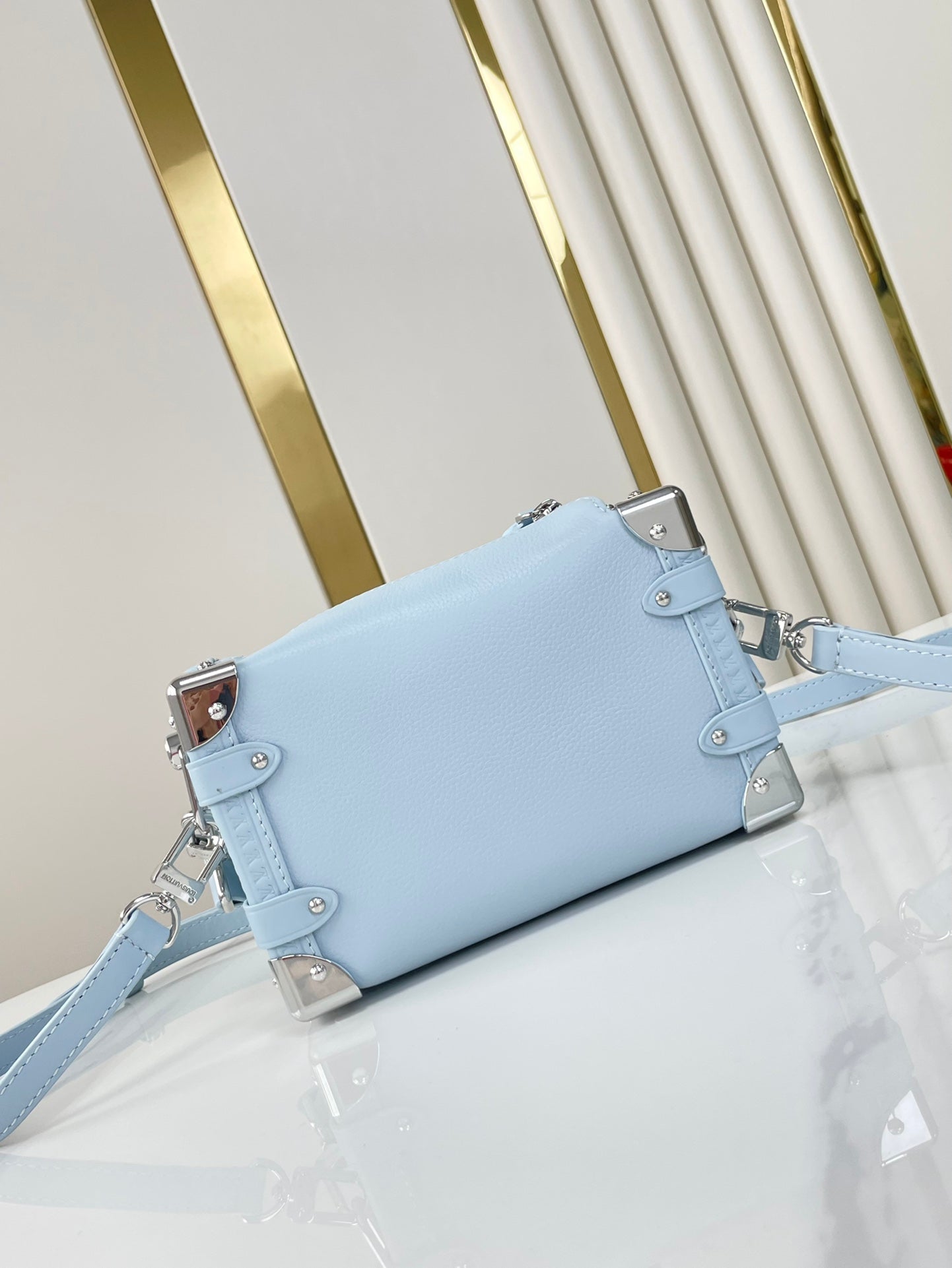 SIDE TRUNK MINI 18 IN SKY BLUE CALFSKIN SILVER HARDWARE