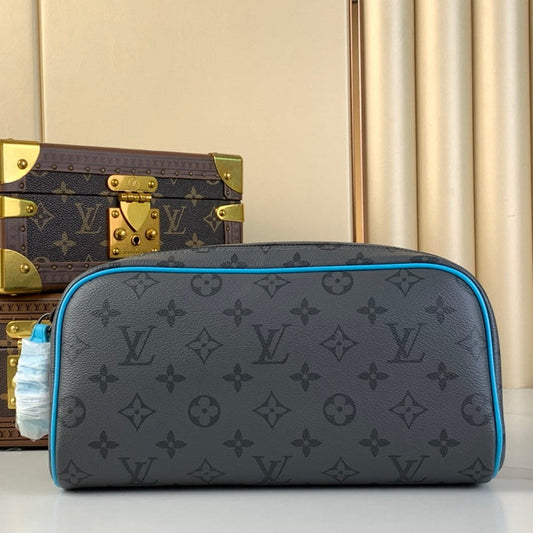 DOPP KIT 28 IN GUN METAL MONOGRAM ECLIPSE CANVAS AND TURQUOISE CALFSKIN TRIM