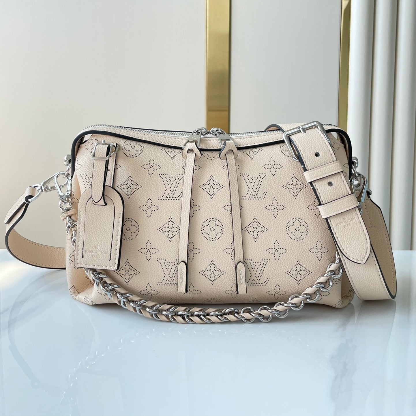 HAND IT ALL PM 29 IN BEIGE MONOGRAM PERFORATE CALFSKIN SILVER HARDWARE