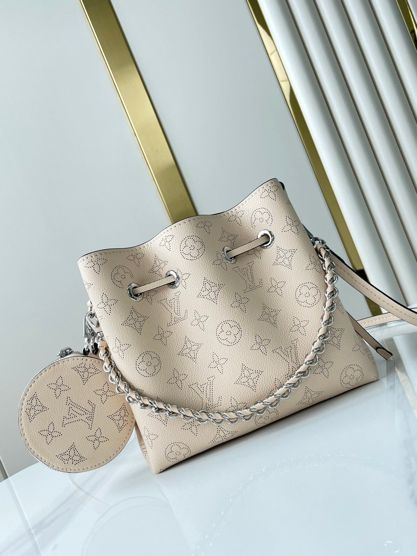 BELLA 22 IN BEIGE MONOGRAM PERFORATE CALFSKIN SILVER HARDWARE