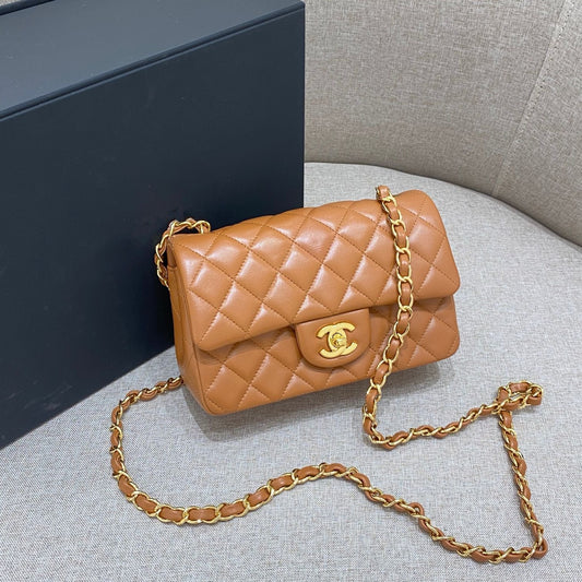 FLAP BAG 20CM CARAMEL LAMBSKIN GOLD HARDWARE